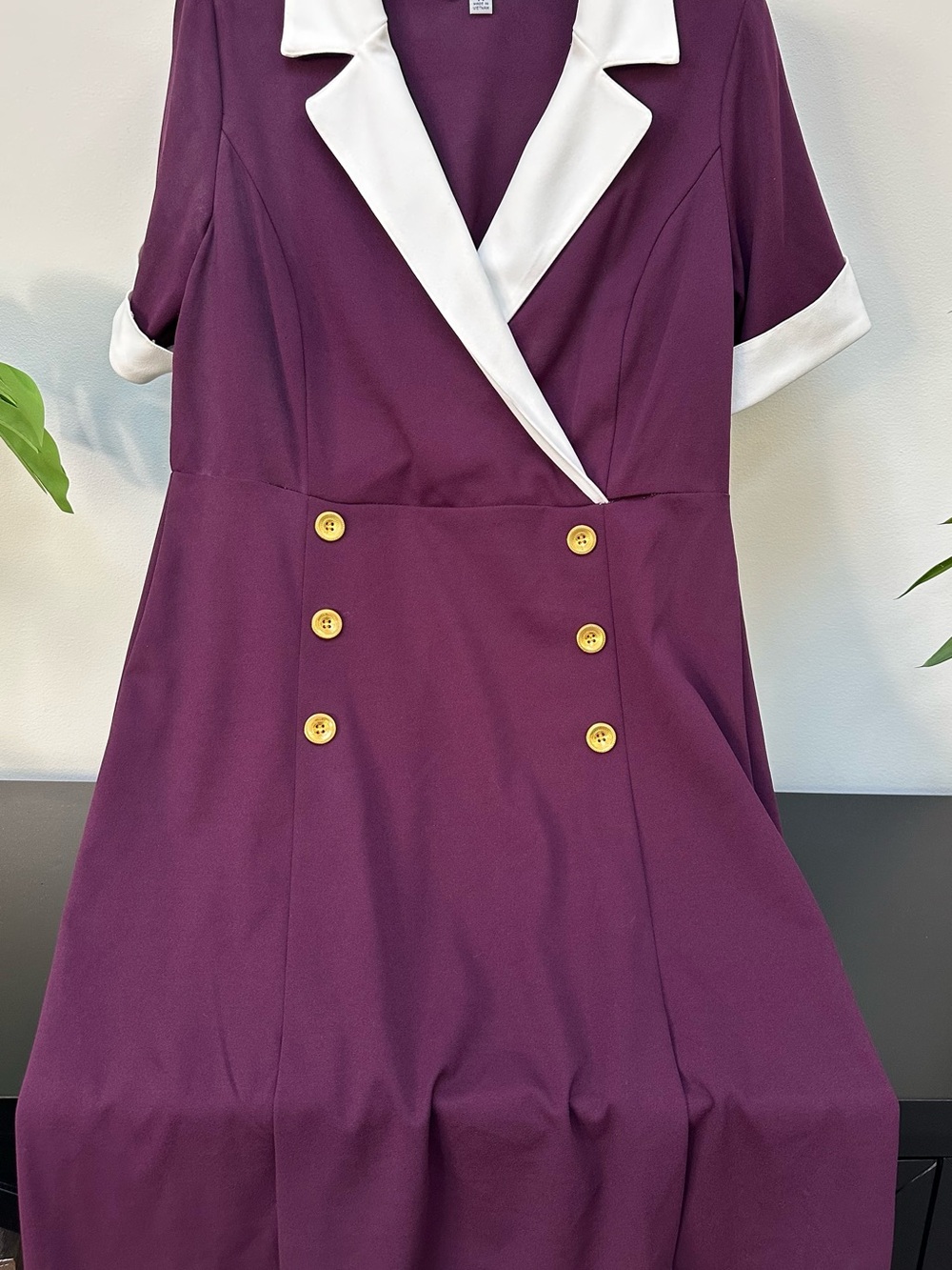 Shelby & Palmer Plum Dress with White Trim and Gold Buttons